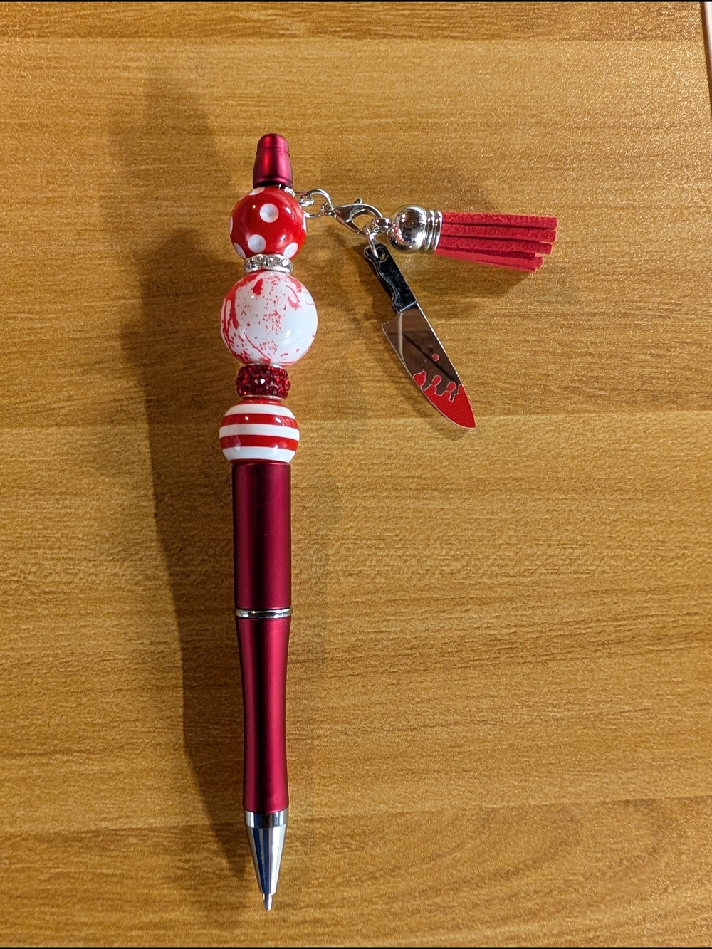 Hand Crafted Red and White Decorative Beaded Pen with Tassel and Knife Charm